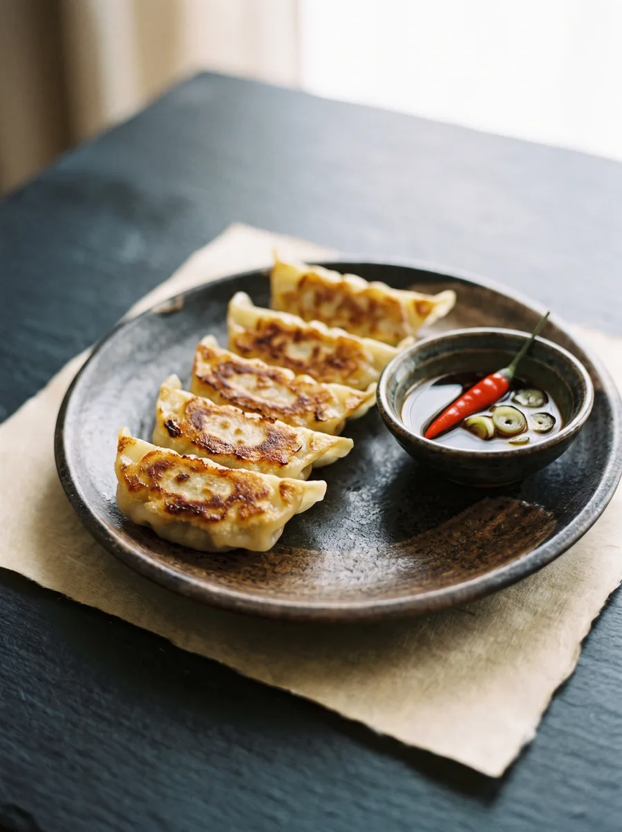 Goldbraun gebratene Gyoza mit Dip