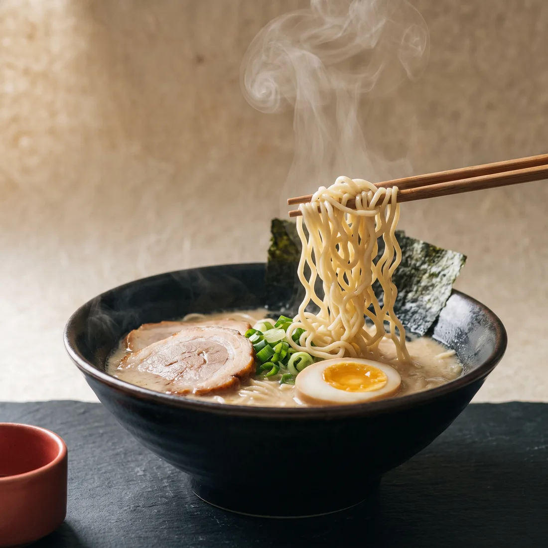 Dampfende Schale Ramen mit Chāshū, Ei und Nori