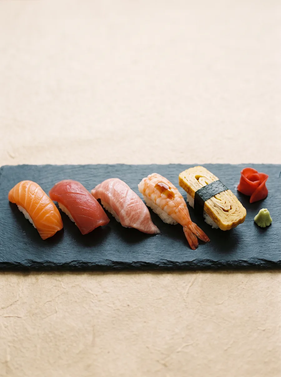 Frische Nigiri-Auswahl auf dunklem Schiefer